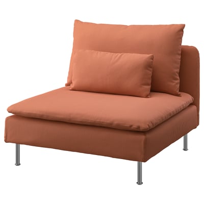 Orange upholstered chair, chrome legs, streamlined design, cosy windowpane pattern.