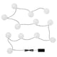 White spherical string lights with black battery box.