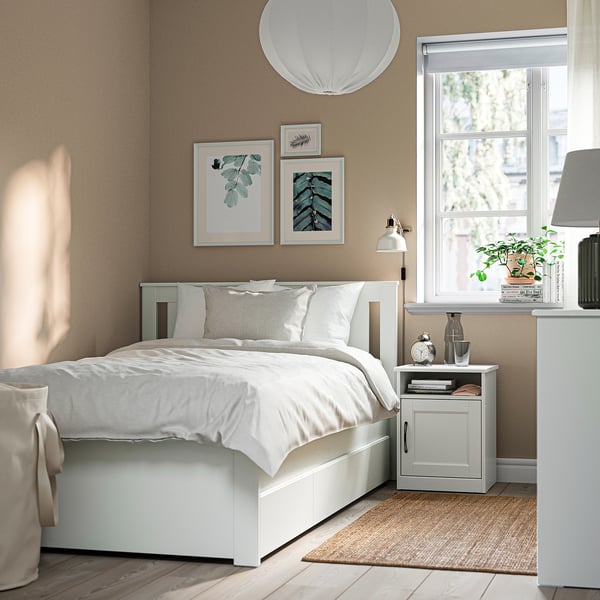 SONGESAND Bed frame with 2 storage boxes, white/Luröy, 120x200 cm