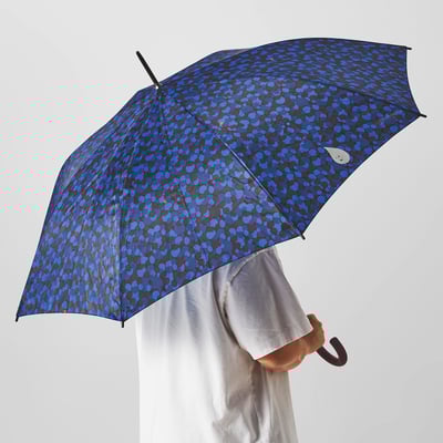 Person holding blue patterned umbrella with black handle and white button.