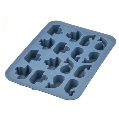 Blue IKEA ice cube tray, SURSÖT, with 15 playful shapes, made from thermoplastic elastomer.