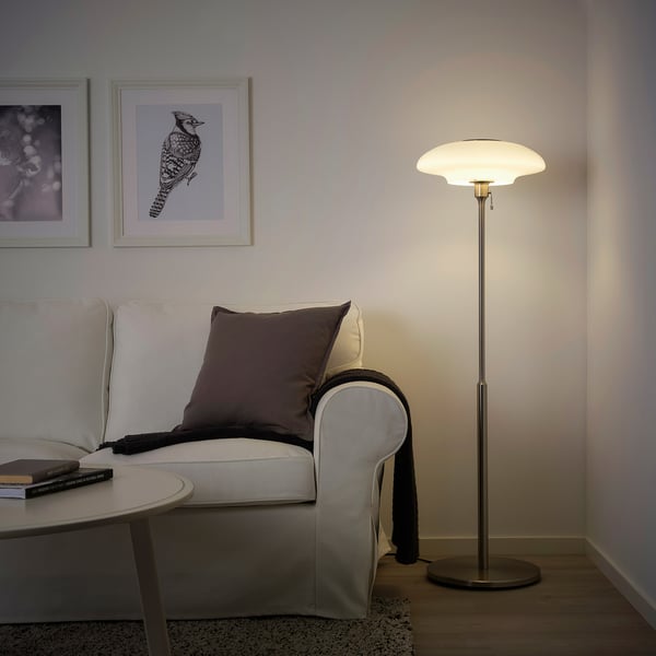 TÄLLBYN Floor lamp, nickel-plated/opal white glass, 135 cm