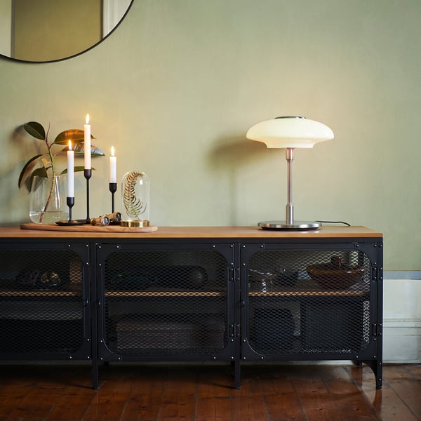 TÄLLBYN Table lamp, nickel-plated/opal white glass, 40 cm