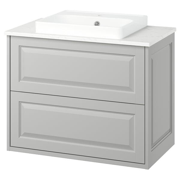 TÄNNFORSEN grey bathroom cabinet, marble top, rectangular sink.
