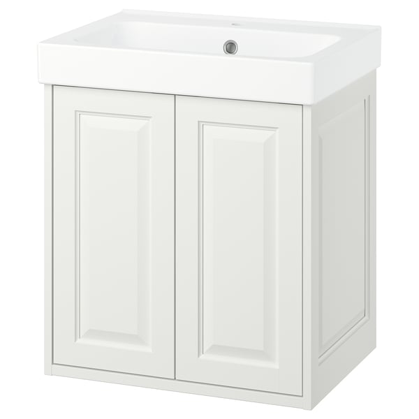 White TÄNNFORSEN bathroom vanity, classic design with bevelled edges, two doors, and a deep sink.