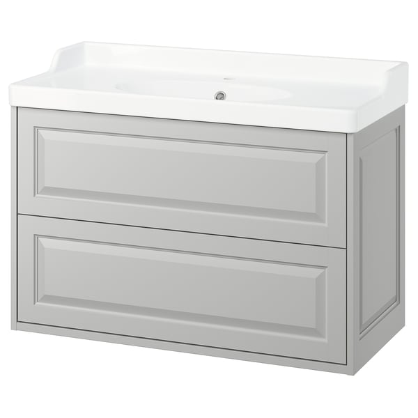 TÄNNFORSEN vanity, light grey, ceramic basin, wall-mount, bevelled edges, two drawers.