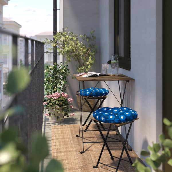 TÄRNÖ Table and 2 stools, outdoor, folding black/light brown stained/folding Klösan dark blue, 55x54 cm