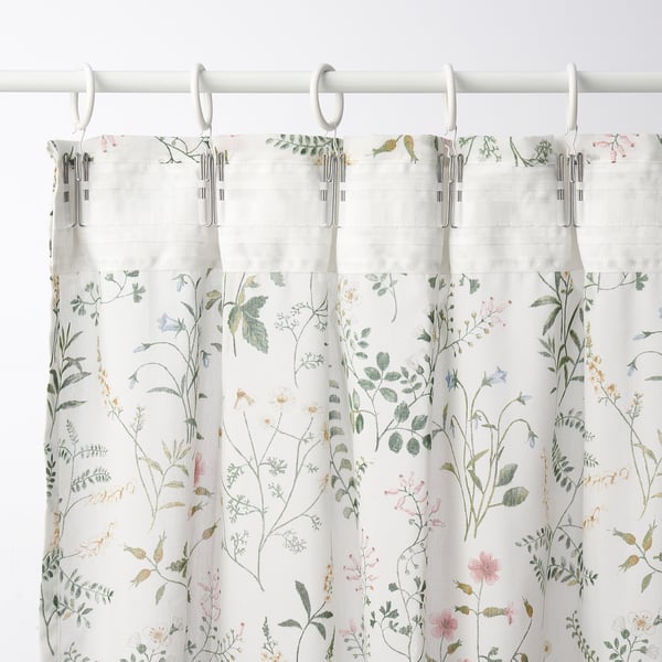 TIMJANSMOTT Curtains, 1 pair, white/floral pattern, 145x250 cm