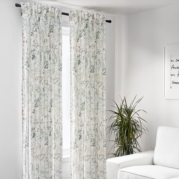 TIMJANSMOTT Curtains, 1 pair, white/floral pattern, 145x250 cm