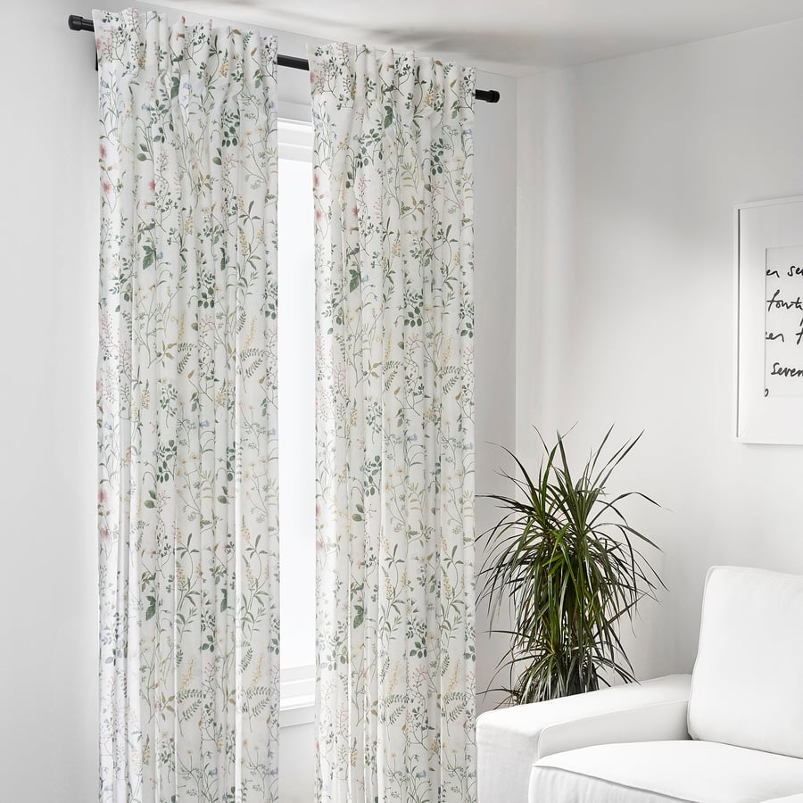 TIMJANSMOTT curtains, 1 pair, white/floral pattern, 145x250 cm IKEA