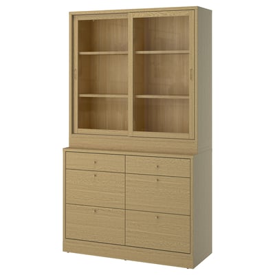 TONSTAD Storage combination with drawers, oak veneer/glass, 121x47x210 cm