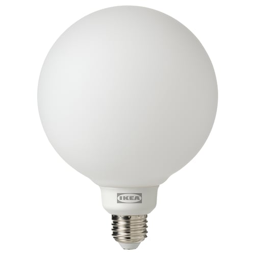 Ikea TRÅDFRI led light bulb, frosted glass, spherical shape, wireless dimming, three white tones.
