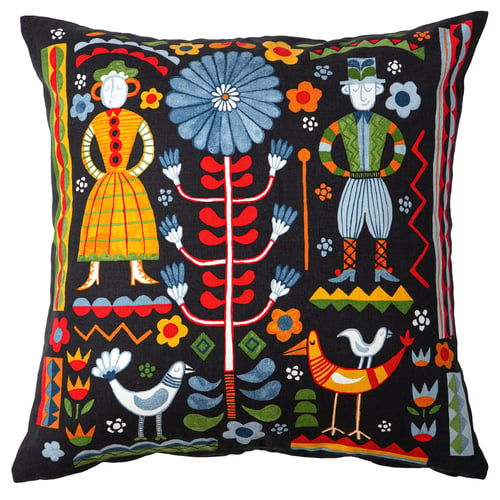 TRATTKAKTUS cushion: black with colourful swedish folk art, zip closure
