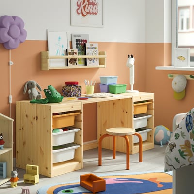 TROFAST Desk with storage boxes, light white stained pine/light orange white, 124x44x53 cm