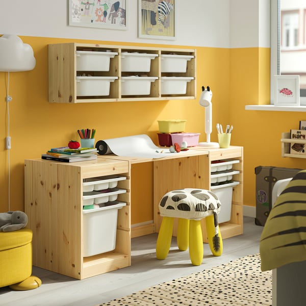 TROFAST Desk with storage boxes/trays, light white stained pine/white, 124x44x53 cm