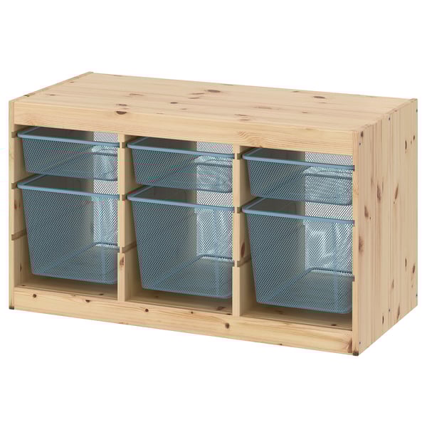 TROFAST Storage combination with boxes, light white stained pine/grey-blue, 93x44x53 cm