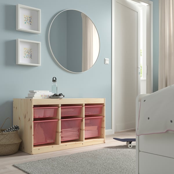 TROFAST Storage combination with boxes, light white stained pine/light red, 93x44x53 cm