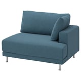 Blue UPPÅKRA sofa corner with soft, recycled polyester bouclé fabric, modern minimalist design, chrome legs.