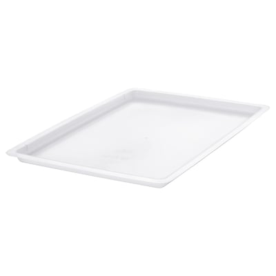 A white plastic lid, designed for the UPPSNOFSAD storage box, rectangular in shape, made of durable, partly recycled polypropylene.