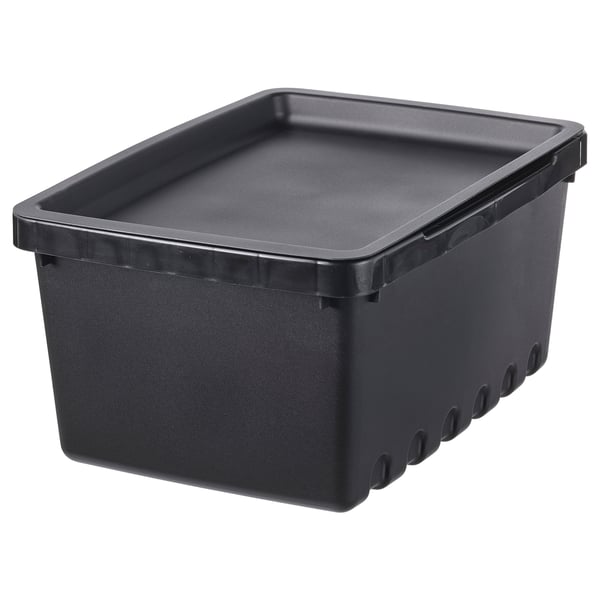 Black recycled plastic storage box with lid, rectangular shape, durable design.