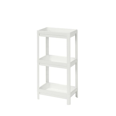 A white VESKEN three-shelf organising unit made of polypropylene plastic. The shelves are rectangular with high edges to prevent items from falling.