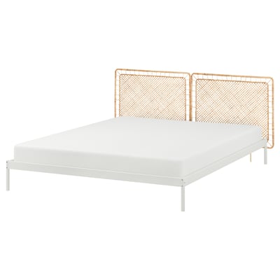 VEVELSTAD Bed frame with 2 headboards, white/Tolkning rattan, 180x200 cm