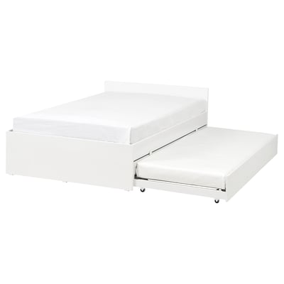 White VIHALS bed frame with trundle; modern, minimalist design. Wood and plastic materials, rectangle shape.