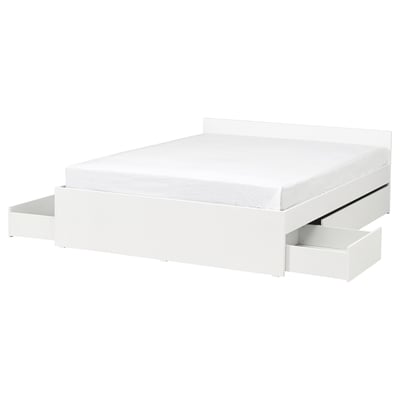 VIHALS Bed frame with 4 storage boxes, white/Luröy, 180x200 cm