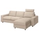 VIMLE sofa in beige. L-shaped with storage chaise, plush cushions, arm & headrests.