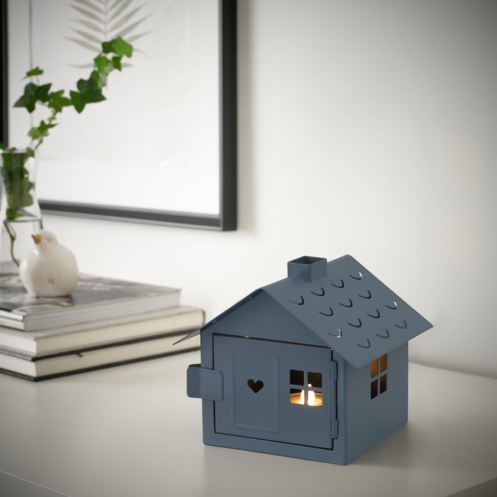 VINTERFEST Tealight holder, house/light blue, 14 cm IKEA