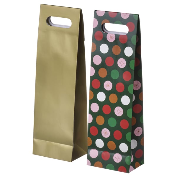 VINTERFINT Gift bag for bottle, mixed patterns multicolour/gold-colour, 13x41 cm