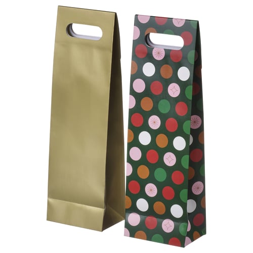 Two tall, rectangular gift bags, one gold and one with green, red, pink, brown, and white polka dots. Both have handles and stand upright.