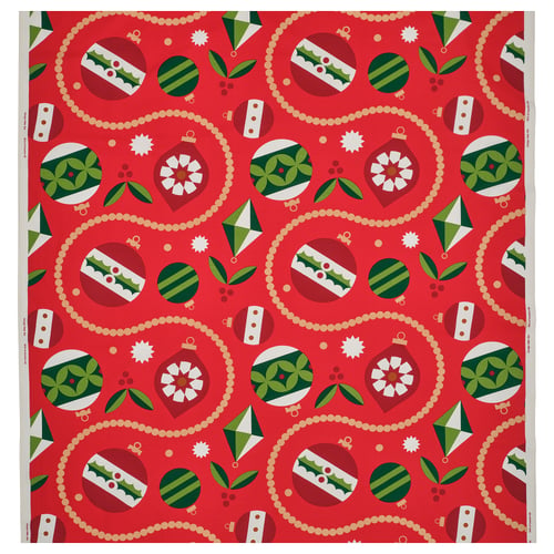 Bright red VINTERFINT fabric, festive circular patterns with green & white holiday motifs.
