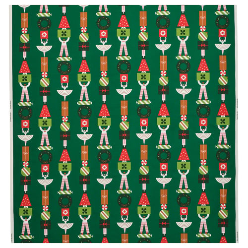 VINTERFINT green festive fabric. Christmas-themed with elves, red hats, green squares, and wreaths. 100% cotton.