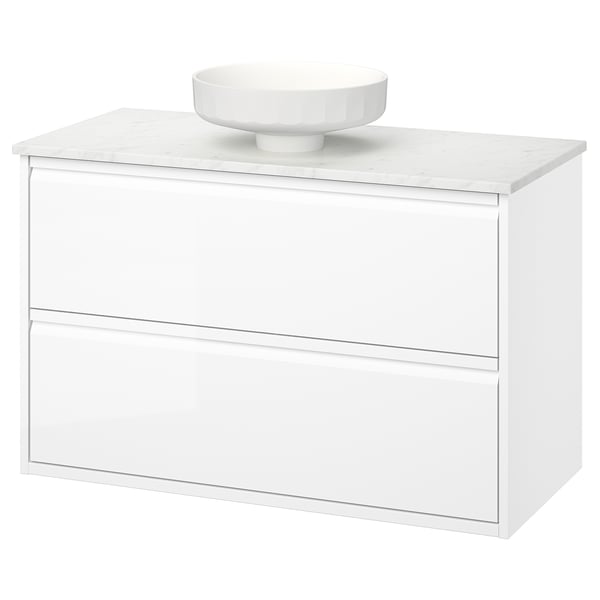 ÄNGSJÖN 엥셴 / LERSJÖN 레르셴 세면대+서랍/세면기, 하이글로스 화이트/화이트 대리석 효과, 102x49x79 cm