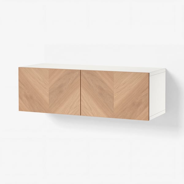 BESTÅ 베스토 선반유닛+도어, 화이트/헤데비켄 참나무무늬목, 120x42x38 cm