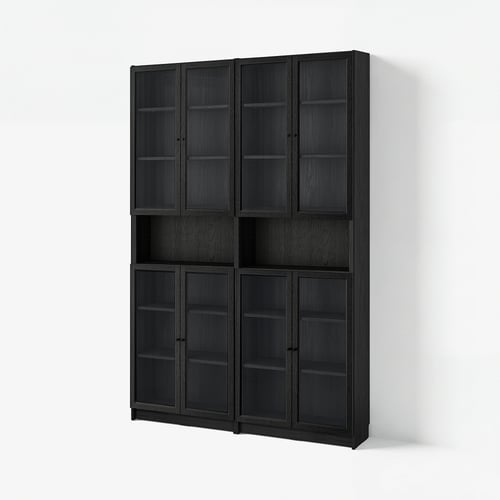 BILLY 빌리 / OXBERG 옥스베리 책장+상단추가유닛/도어, 블랙 참나무무늬/유리, 160x30x237 cm