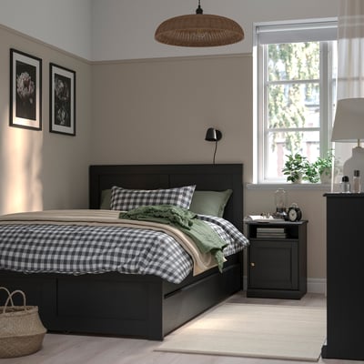 FÅGELFJÄLLET 포겔피엘레트 침대프레임+수납상자2, 블랙 참나무무늬/루뢰위, 120x200 cm