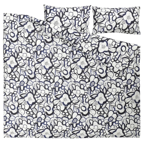 HÄRLIR 헬리르 이불커버+베개커버2, 화이트 블랙/블루 플로럴 패턴, 240x220/50x80 cm