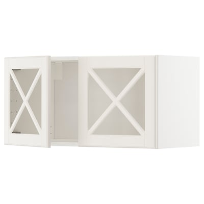 METOD 메토드 벽수납장+크로스바 유리도어2개, 화이트/보드뷘 오프화이트, 80x37x40 cm