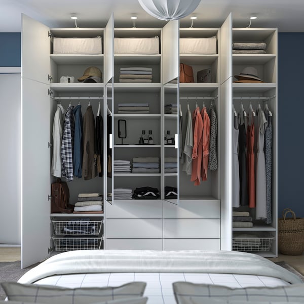 PLATSA 플랏사 옷장콤비네이션, 화이트 STRAUMEN 스트라우멘 거울 유리/FONNES 폰네스 화이트, 240x57x241 cm