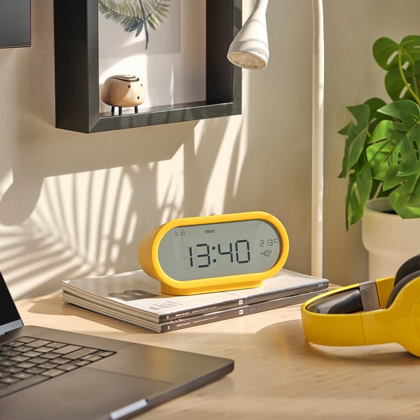 RÖDSTRÄFSE 뢰스트레프세 알람시계+습도/온도계, 옐로, 17x8x6 cm