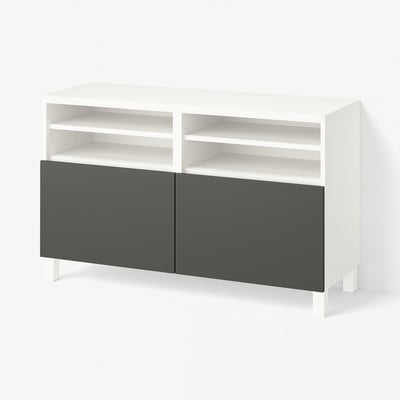 BESTÅ طاولة تلفزيون مع أبواب, أبيض/Lappviken/Stubbarp رمادي غامق, ‎120x42x74 سم‏