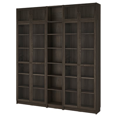 BILLY / OXBERG مكتبة مع أبواب زجاجية/وحدة تمديد, بني غامق شكل السنديان, ‎200x30x237 سم‏