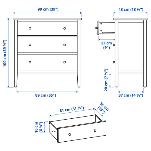GULLABERG خزانة بـ 3 أدراج, رمادي, 99x48x100 سم