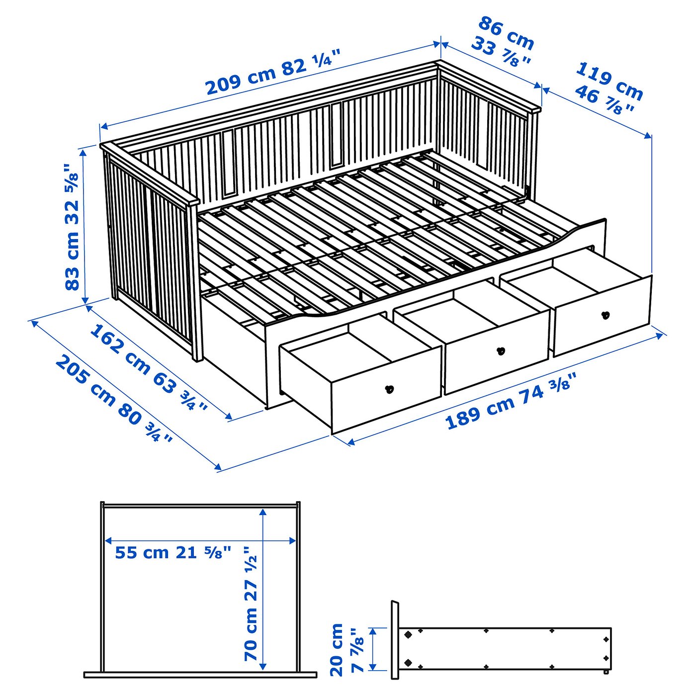 HEMNES سرير نهار بـ3 أدراج/مرتبتين - أبيض/Åfjäll متوسطة الصلابة ‎80x200 سم‏