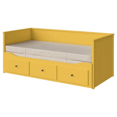 HEMNES سرير نهار بـ3 أدراج/مرتبتين, أصفر/Vannareid صلبة أكثر, 80x200 سم