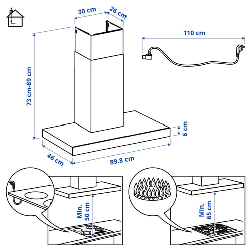 KULINARISK شفاط روائح حائطي, ستينلس ستيل/زجاج, 90 سم