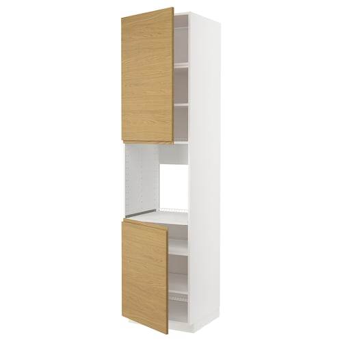 METOD خزانة عالية لفرن مع بابين/أرفف, أبيض/Voxtorp شكل السنديان, 60x60x240 سم