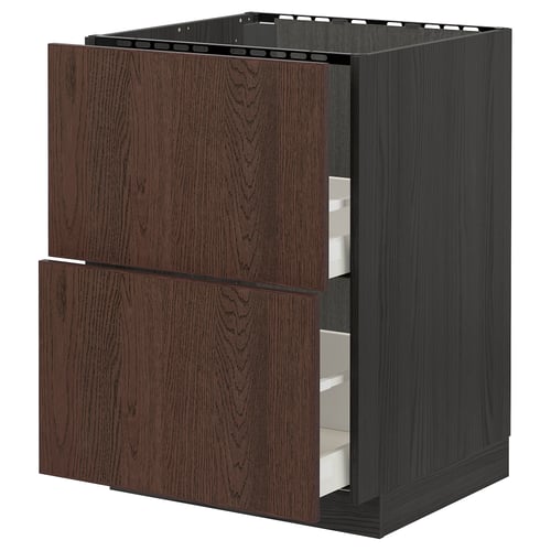 METOD / MAXIMERA خزانة قاعدة لحوض+واجهتان/درجان, أسود/Sinarp بني, 60x60 سم
